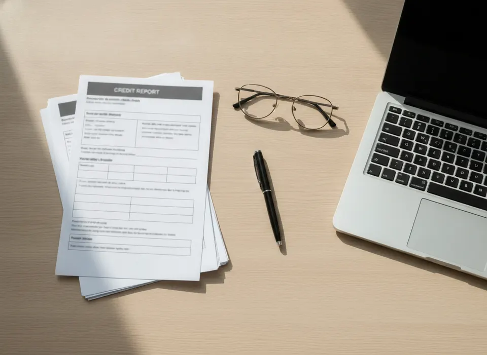 Rental application paperwork and a credit report laid out on a desk
